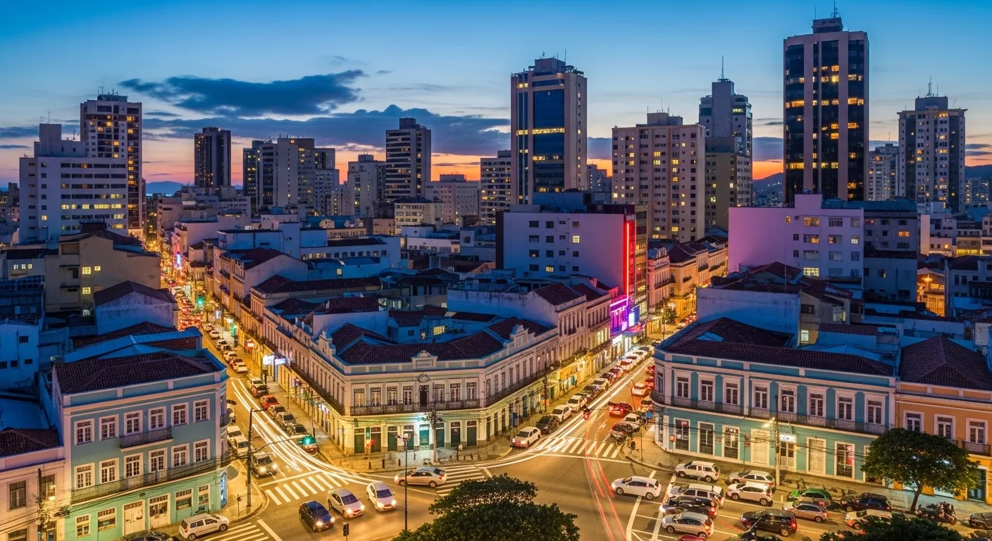 imagem panorâmica do Centro de Florianópolis com prédios e carros